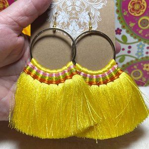 Large Fan Tassel Earrings Yellow Hoops Long Smooth Silky Fringe Drop Dangles NWT